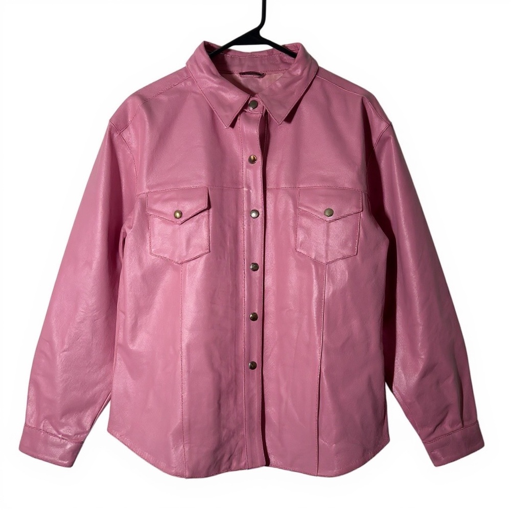 Barbiecore  Moto Pink Leather Button-Up Biker Jacket Women’s